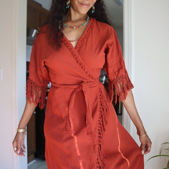 Organic Boho Linen Wrap Dress w/ Fringe - Picture 3 of 5